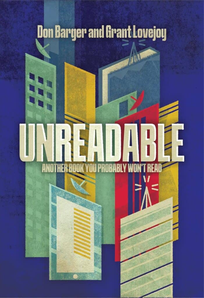 Book cover titled "UNREADABLE" by Don Barger and Grant Lovejoy, featuring colorful abstract book ill.