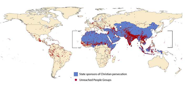 Advocacy map highlighting Christian persecution and unreached groups worldwide.