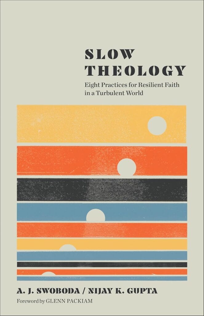 Book cover of Slow Theology with colorful abstract design and white circles.
