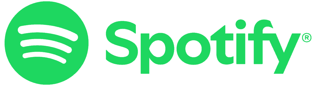 Spotify logo with green circle and black sound waves, text 'Spotify'.
