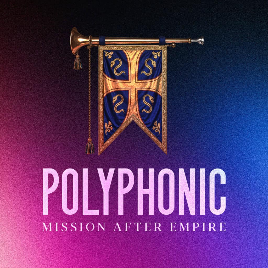 Mission After Empire poster with trumpet and banner design.