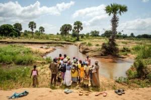 Community gathering by a river in a rural landscape with palm trees.