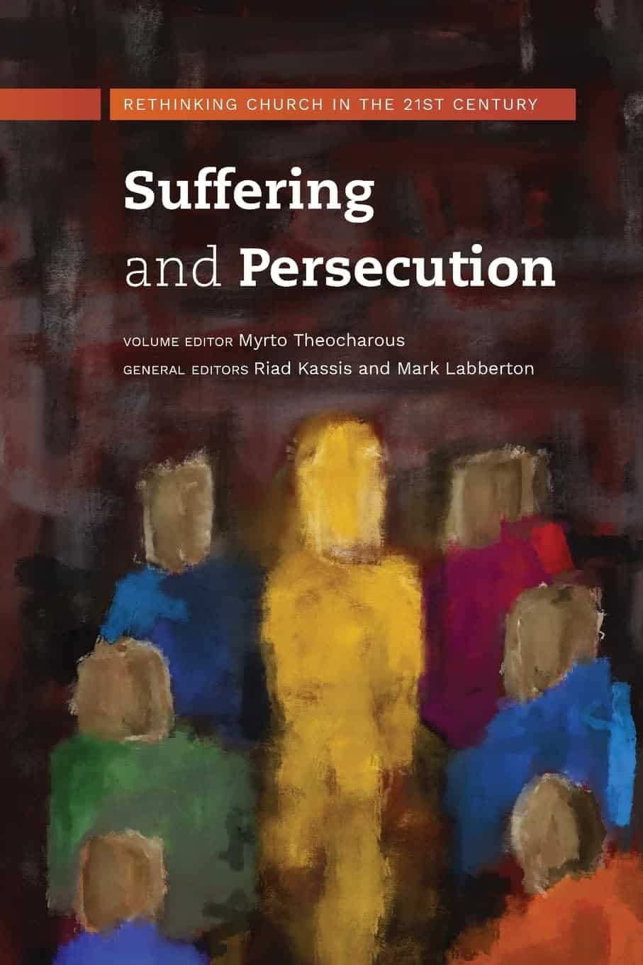 Book cover for 'Suffering and Persecution' with abstract figures in vibrant colors.